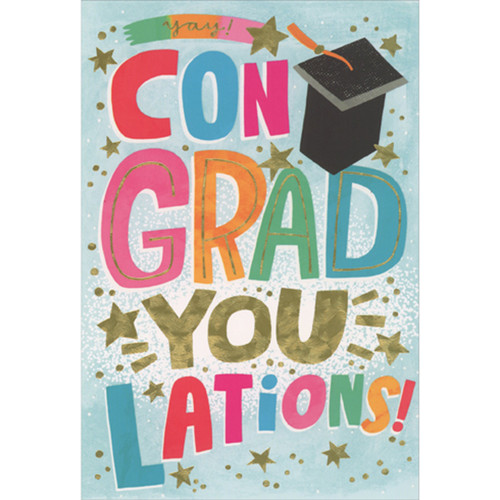 Yay: Con Grad YOU Lations Gold Stars and Black Cap Graduation Congratulations Card: Con GRAD YOU lations!