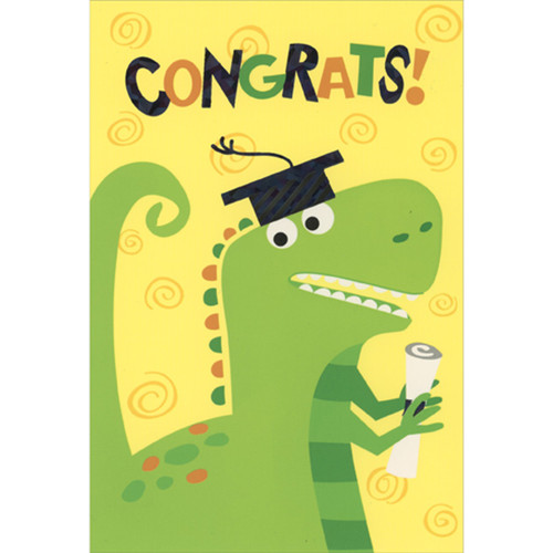 Green T-Rex Holding Diploma on Yellow with Swirls Elementary School Graduation Congratulations Card: Congrats!