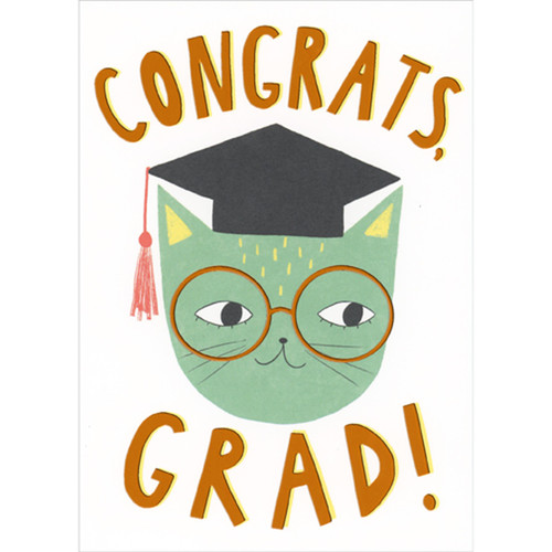 Green Cat Wearing Round Gold Foil Glasses and Grad Cap Graduation Congratulations Card: Congrats, Grad!
