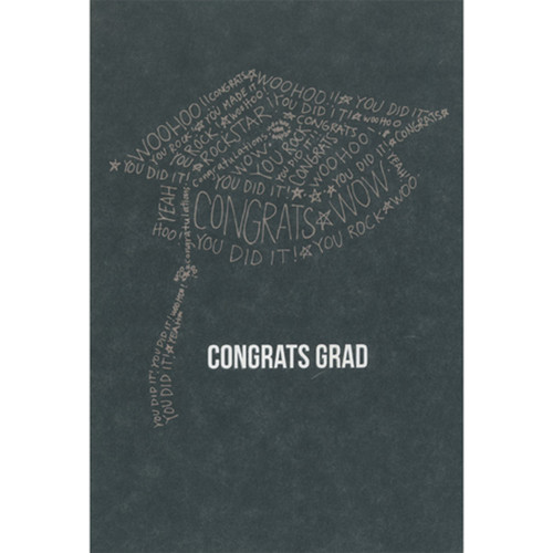 Grad Cap of Congratulation Phrases on Black Graduation Card: Congrats Grad