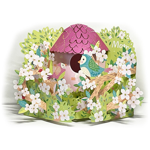 Birds and Pink Birdhouse in Tree Branches with White and Pink Flowers 3D Pop Up Mother's Day Card: Mom