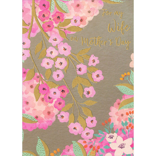 Cherry Blossom Branches with Shining Gold Foil Leaves on Light Brown Mother's Day Card for Wife: For my Wife on Mother's Day