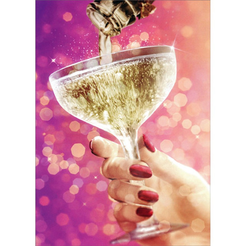 Hand Holding Champagne Glass on Pink Mother's Day Card