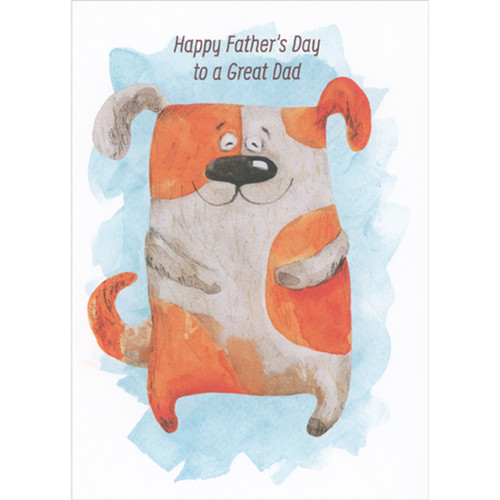 Smiling Orange and Gray Dog Over Blue Watercolor Strokes Father's Day Card from Dog: Happy Father's Day to a Great Dad