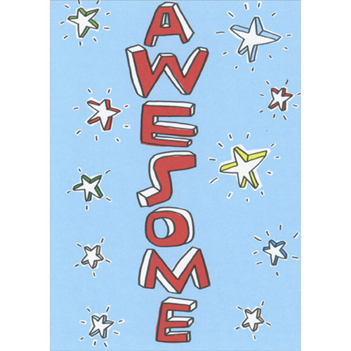 Awesome: Vertical Red and White Letters and Stars on Light Blue Father's Day Card: Awesome