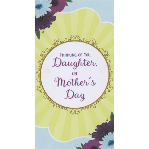 Gold Foil Vine Bordered Circle Banner Inside Yellow Flower Mother's Day Card for Daughter: Thinking of you, Daughter, on Mother's Day