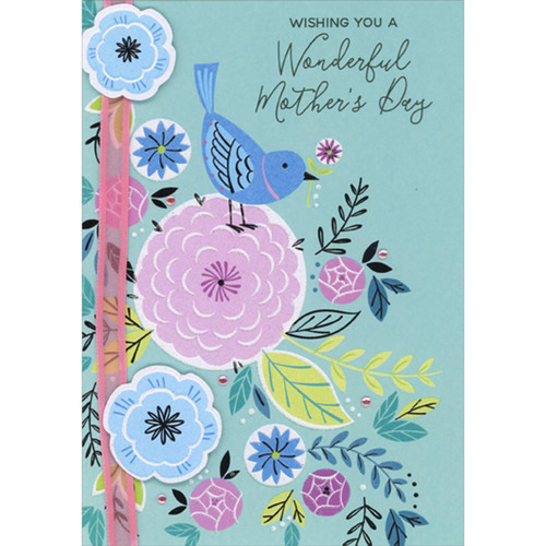 Blue Bird Holding Small Flower on Purple Flower, 3D Blue Flowers, Ribbon and Gems Hand Decorated Mother's Day Card: Wishing you a Wonderful Mother's Day