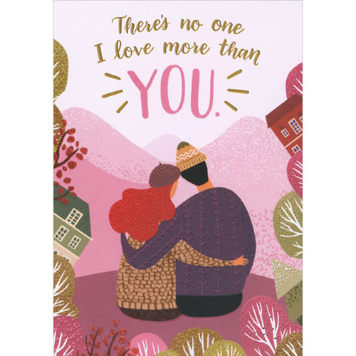 Man and Woman Sitting and Hugging in Pink Mountain Valley 3D Spring Activated Pop Out Mother's Day Card for Wife: There's no one I love more than YOU.