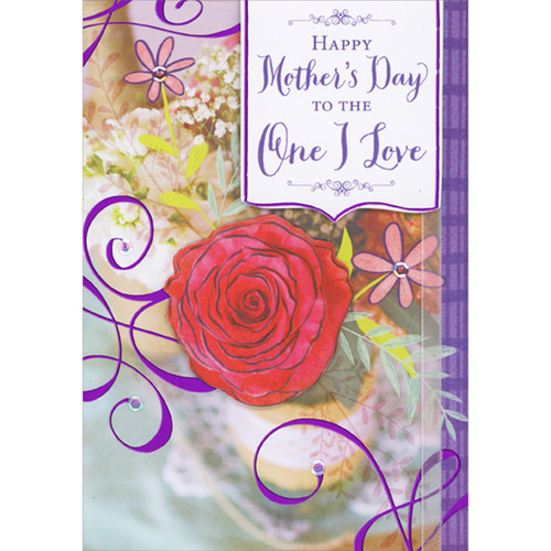 Red 3D Rose, 3D Banner, Ribbon, Sequins and Purple Swirls on Floral Background Hand Decorated Mother's Day Card for the One I Love: Happy Mother's Day to the One I Love