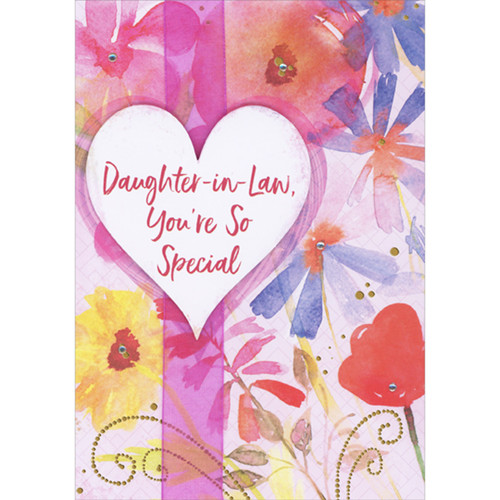 White 3D Heart Over Pink Ribbon and Pink Pastel Floral Background Hand Decorated Mother's Day Card for Daughter-in-Law: Daughter-in-Law, You're So Special