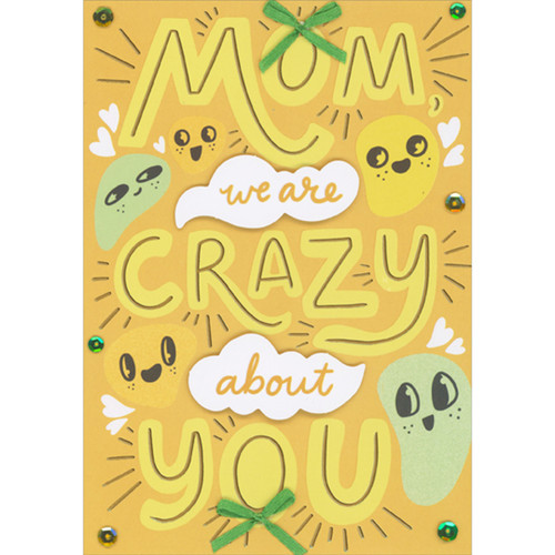 Mom, We Are Crazy About You: Smiling Faces, 3D Talk Bubbles, Ribbon on Yellow Hand Decorated Mother's Day Card from Daughter and Family: MOM we are CRAZY about YOU