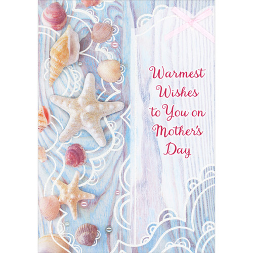 3D Die Cut Starfish, 3D Conch Shell, Pink Ribbon Over Blue Woodgrain Background Hand Decorated Mother's Day Card: Warmest Wishes to you on Mother's Day