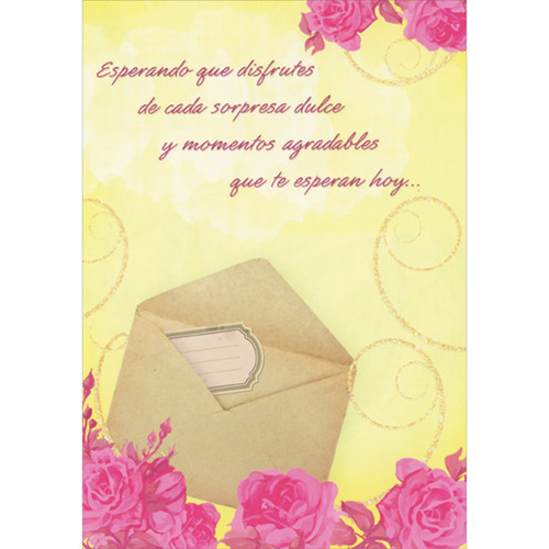 Beige Envelope and Pink Flowers on Yellow Background Spanish Language Mother's Day Card: Esperando que disfrutes de cada sorpresa dulce y momentos agradables que te esperan hoy… (English: Hoping you enjoy every sweet surprise and happy moment in store for you today…)