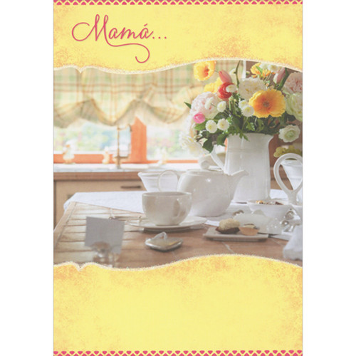 White Teacups and Flower Vase on Kitchen Table Photo with Yellow Border Spanish Language Mother's Day Card for Mom: Mamá… (English: Mom)