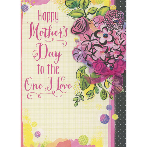 Pink Tip-On 3D Flower Bouquet, Ribbon and Sequins on Light Green Grid Hand Decorated Mother's Day Card for the One I Love: Happy Mother's Day to the One I Love