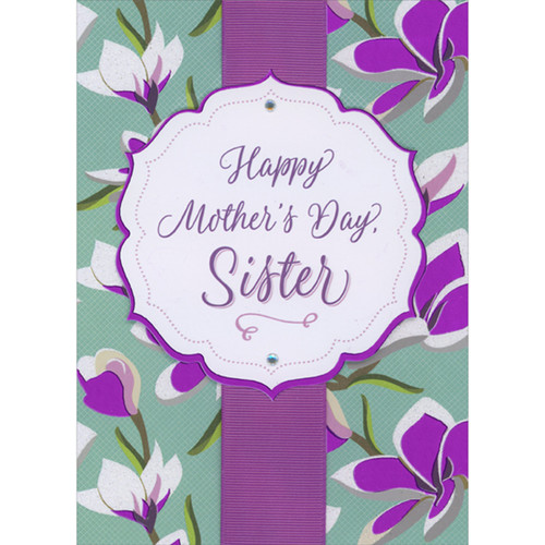 Purple Foil Bordered 3D Tip-On Banner, Wide Purple Ribbon, Flowers on Turquoise Hand Decorated Mother's Day Card for Sister: Happy Mother's Day, Sister