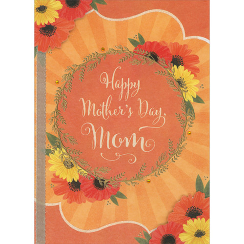 Orange Circular Banner with Gold Vine Border, 3D Flowers and Ribbon on Orange Hand Decorated Mother's Day Card for Mom: Happy Mother's Day, Mom