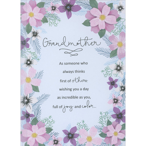 Thinks First of Others: Pink 3D Flowers, Ribbon, Sequins on Light Blue 3D Hand Decorated Mother's Day Card for Grandmother: Grandmother - As someone who always thinks first of others, wishing you a day as incredible as you, full of joy and color…