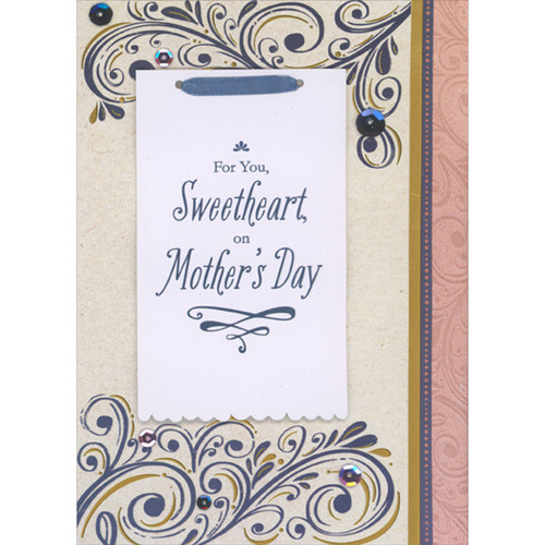 Tip-On 3D Scallopped Edge Banner on Beige and Blue Swirls Hand Decorated Mother's Day Card for Sweetheart: For You, Sweetheart, on Mother's Day