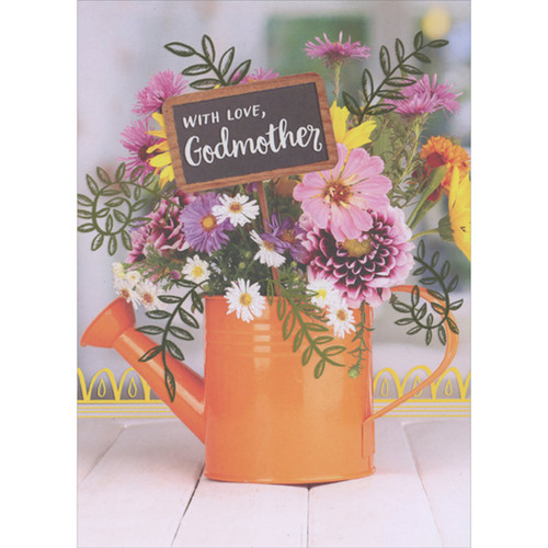 Pink, White and Yellow Flowers in Orange Watering Can Mother's Day Card for Godmother: With Love, Godmother