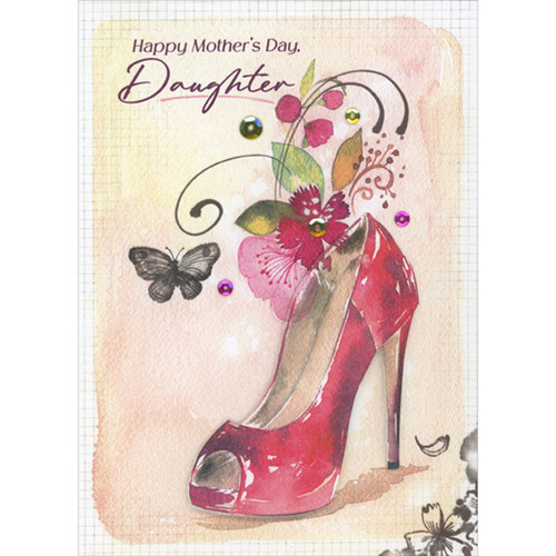 Red 3D High Heel Shoe, Butterfly and Flowers on Faint Grid Hand Decorated Mother's Day Card for Daughter: Happy mother's Day, Daughter