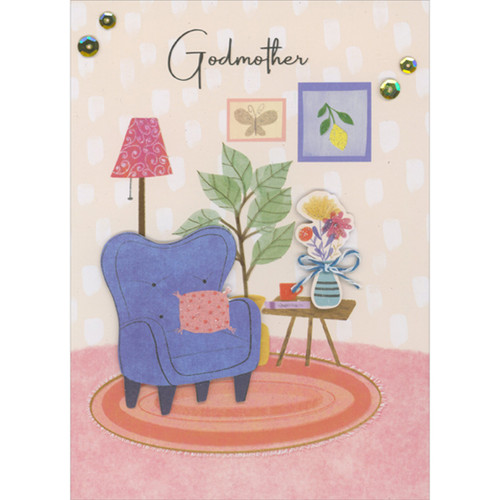 Blue 3D Chair and 3D Flowerpot in Yellow and Pink Room Hand Decorated Mother's Day Card for Godmother: Godmother