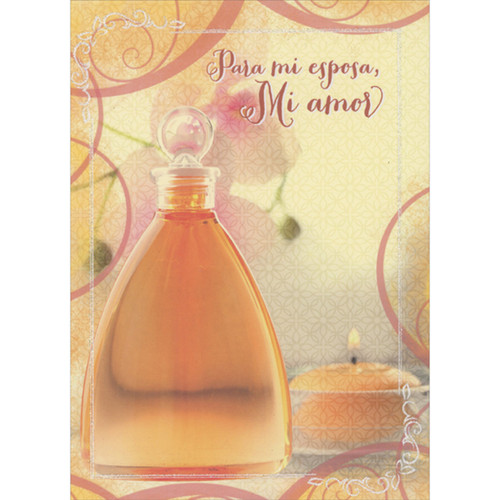 Orange Perfume Bottle and Candle Over Repeated Floral Patterns Spanish Language Mother's Day Card for Wife: Para Mi esposa, Mi amor (English: For my wife, my love)