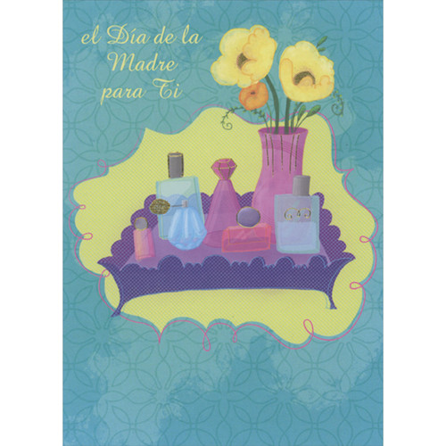 Glass Perfume Bottles and Pink Flower Vase on Purple Stand Spanish Language Mother's Day Card: el Día de la Madrea para Ti (English: Mother's Day for you)