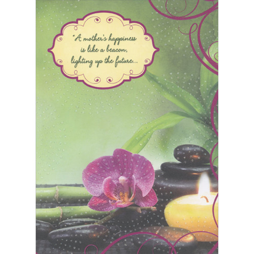 Beacon Lighting Up the Future: Pink Flower, Bamboo, Rocks, and Candle Mother's Day Card for Mom: A mother's happiness is like a beacon, lighting up the future…