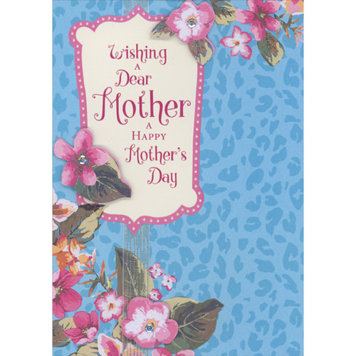 Pink and White 3D Flowers and Leaves, Ribbon, Sequins on Blue Animal Print Hand Decorated Mother's Day Card: Wishing a Dear Mother a Happy Mother's Day