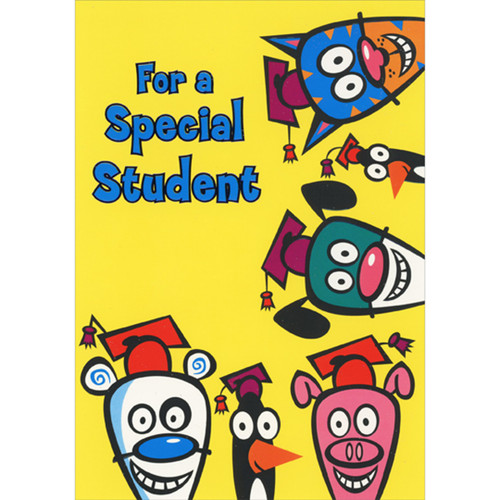 Cartoon Animal Faces Around Border on Yellow: Moving Onto the Next Grade Juvenile Graduation Congratulations Card: For a Special Student