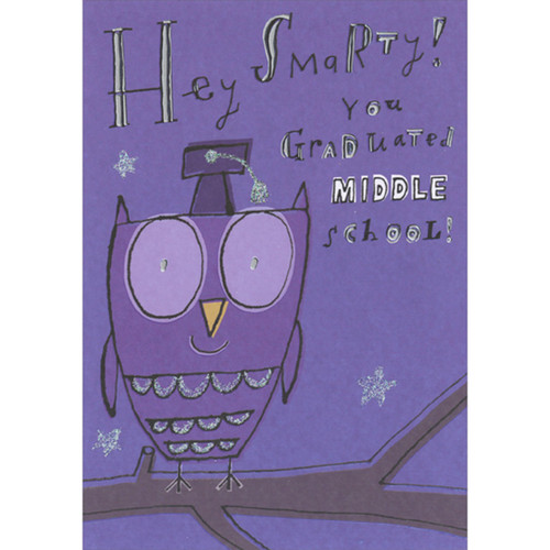 Hey Smarty: Purple Owl on Branch Wearing Grad Cap Middle School Graduation Congratulations Card: Hey, Smarty!  You Graduated Middle School!