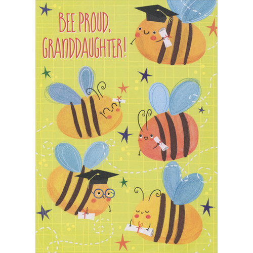 Bee Proud: Bees with Sparkling Blue Wings on Light Green Graduation Congratulations Card for Grandaughter: Bee Proud, Granddaughter!