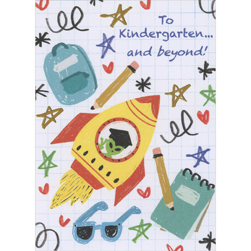 Alien in Spaceship and Other Drawings on Graph Paper Preschool Graduation Congratulations Card: To Kindergarten…  and beyond!