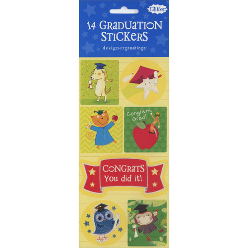 Dog, Star, Cat, Apple, Banner, Owl and Monkey: Animals in Grad Caps Package of 14 Graduation Stickers