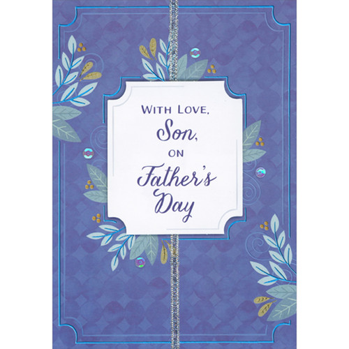 White 3D Banner with Die Cut Corners Over Silver Ribbon, Blue Leaves and Branches Hand Decorated Father's Day Card for Son: WITH LOVE, Son, ON Father's Day