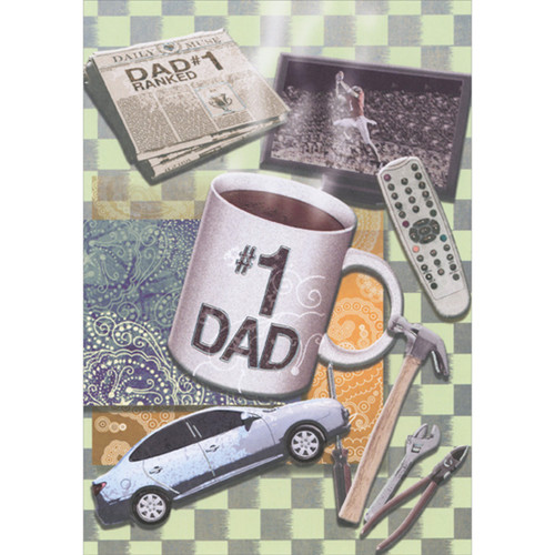 Newspaper, TV, #1 Coffee Cup, Remote, Car and Tools Father's Day Card for Dad: #1 DAD