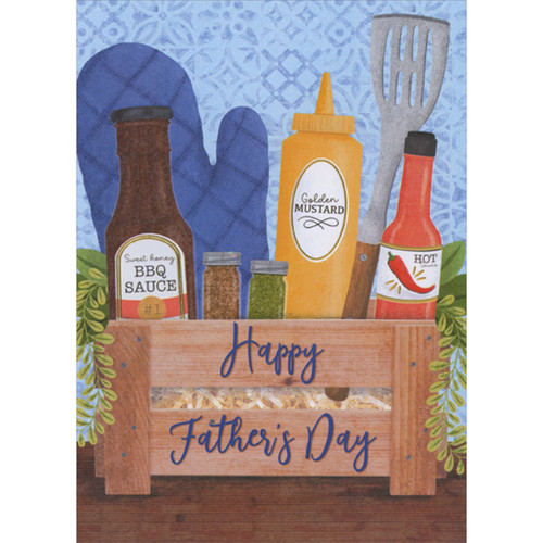Barbeque Grilling Box with Spatula, Mitt, Sauce, Spices and Mustard Father's Day Card: Happy Father's Day
