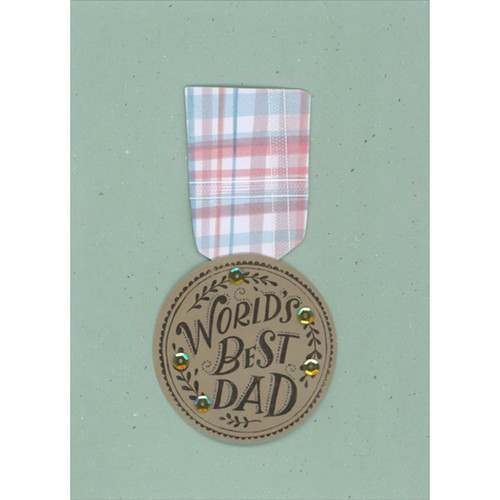 World's Best Dad 3D Die Cut Medal on a Pink and Blue Plaid 3D Ribbon Hand Decorated Father's Day Card for Dad: World's Best Dad