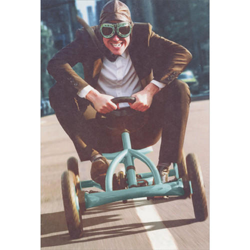 Man in Brown Suit Speeding Down Road on Mini Cart Funny / Humorous Birthday Card