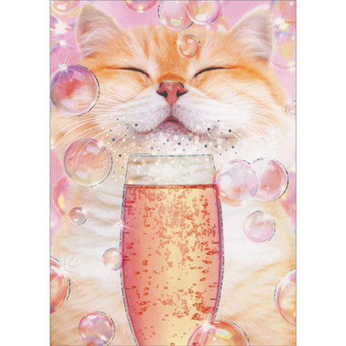 Smiling Cat with Champagne Flute and Bubbles Funny Birthday Card