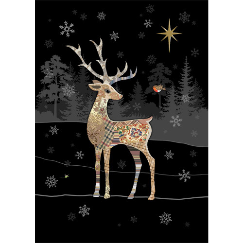 Reindeer with Patterned Fur and Small Robin Under Gold Star Christmas Card