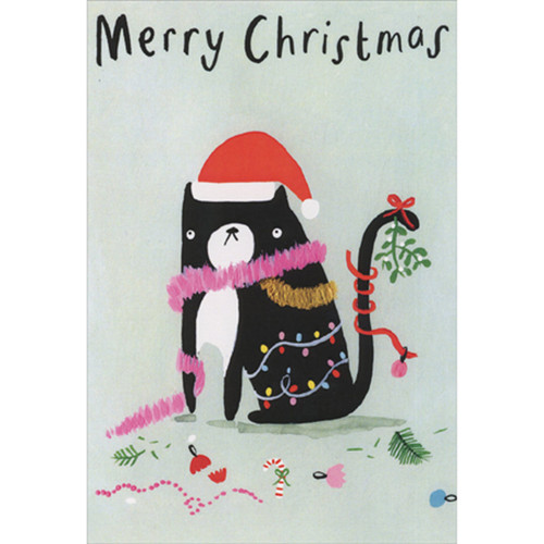 Grumpy Cat Wrapped in Tinsel and Lights Funny Christmas Card: Merry Christmas