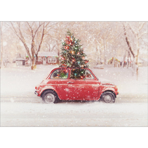 Small Red Car with Decorated Tree Going Through Roof Funny / Humorous Pack of 10 Christmas Cards