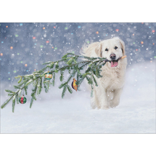 White Dog Carrying Ornament Decorated Branch in Mouth Christmas Card