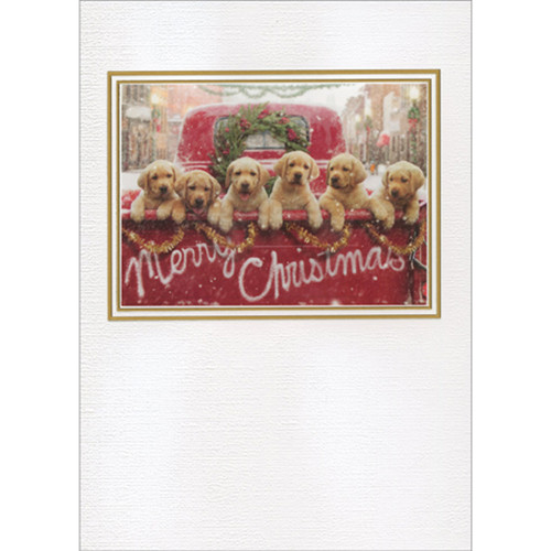 Lab Puppies In Red Truck Inside Gold Lined White Frame Embellished Christmas Card