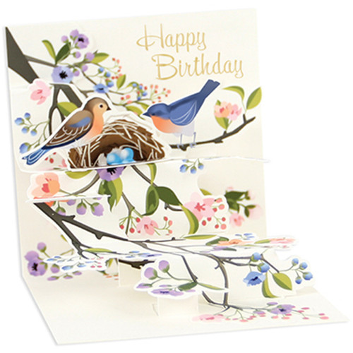 Birds and Nest on Flowering Branches 3-Inch Mini 3D Pop-Up Birthday Card