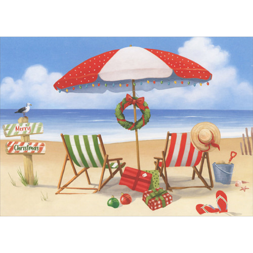 Red and White Umbrella Over Red, Green and White Striped Beach Chairs Box of 16 Coastal Christmas Cards