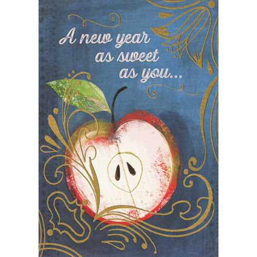 Apple Side View and Gold Foil Flowers Rosh Hashanah Card for Wife: A new year as sweet as you…