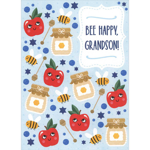 Bee Happy: Smiling Apples, Bees and Honey on Light Blue Juvenile Rosh Hashanah Card for Grandson: Bee Happy, Grandson!